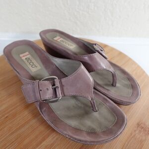 Ecco Womens Size 36 EU 6.5 US Brown Leather Thong Sandals Wedge Buckle Slides